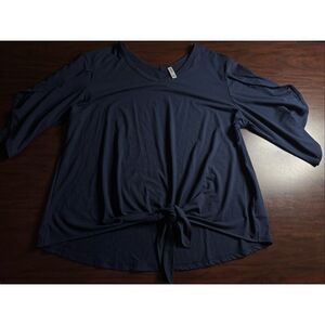 Sueani Navy Tie Front Blouse with V-Neck Split Sleeve Top Size 2XL